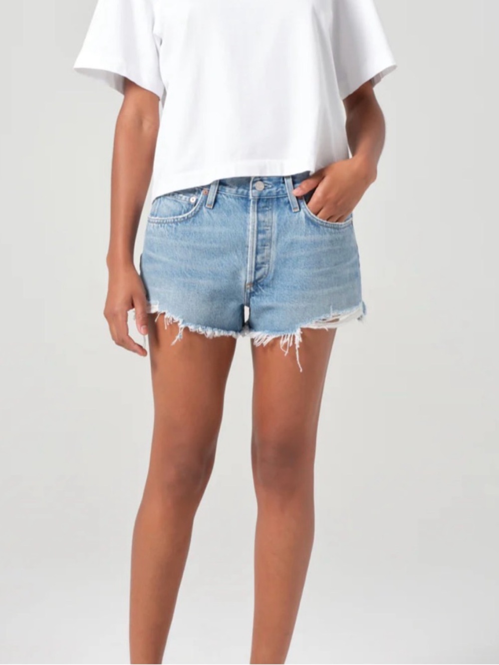 Agolde Light Blue Distressed High-Rise Jean Shorts